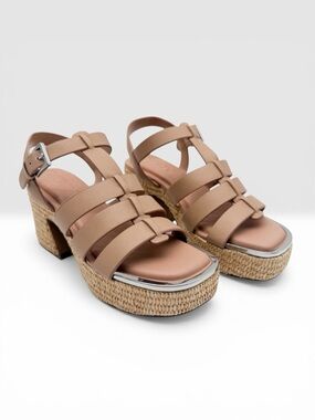 DKNY Dasha Fisherman Platform Sandals Leather Strappy Block Heel Nude Tan 5 NEW